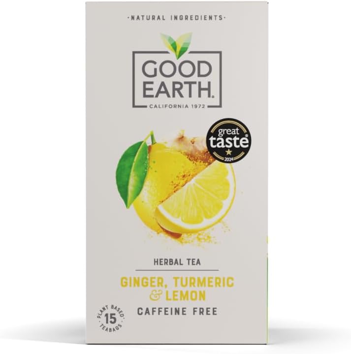 Good Earth Tea Co. Ginger, Turmeric & Lemon Tea Bags – Zingy Herbal Blend with Ginger, Turmeric and Lemon – 15 Plant-Based Teabags