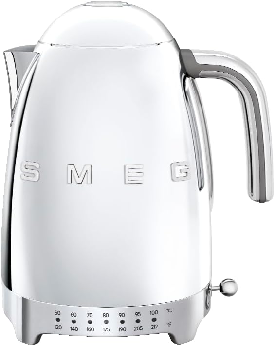 Smeg 50's Retro 7 Cup Stainless Steel Variable Temperature Electric Kettle with 7 Temperature Settings, Led Display, Swivel Base and Keep Warm Function Stainless Steel, KLF04SSUS