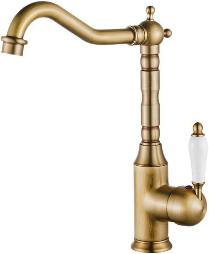 Kitchen Tap High Arc Sink Mixer Taps, Antique Style Brass Single Lever 360° Swivel Commercial Kitchen Faucet, 1 Hole, Antique Brass Finished