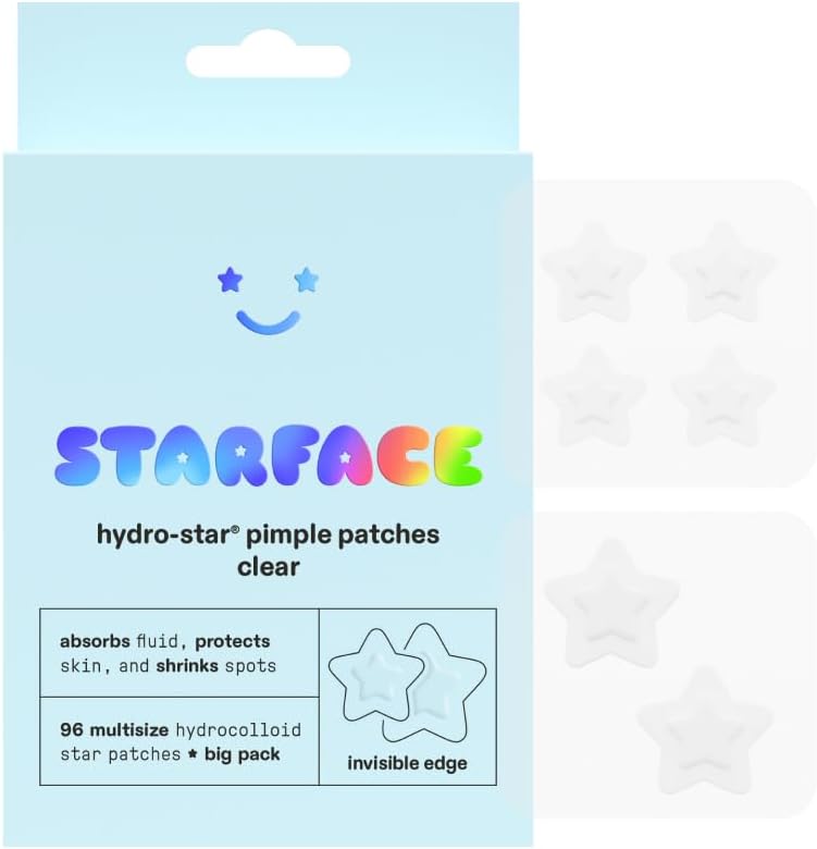 Starface Hydro-Star Clear Big Pack, Invisible Hydrocolloid Pimple Patches, Two Sizes and Star Shape, Absorb Fluid and Reduce Redness (96 Count)
