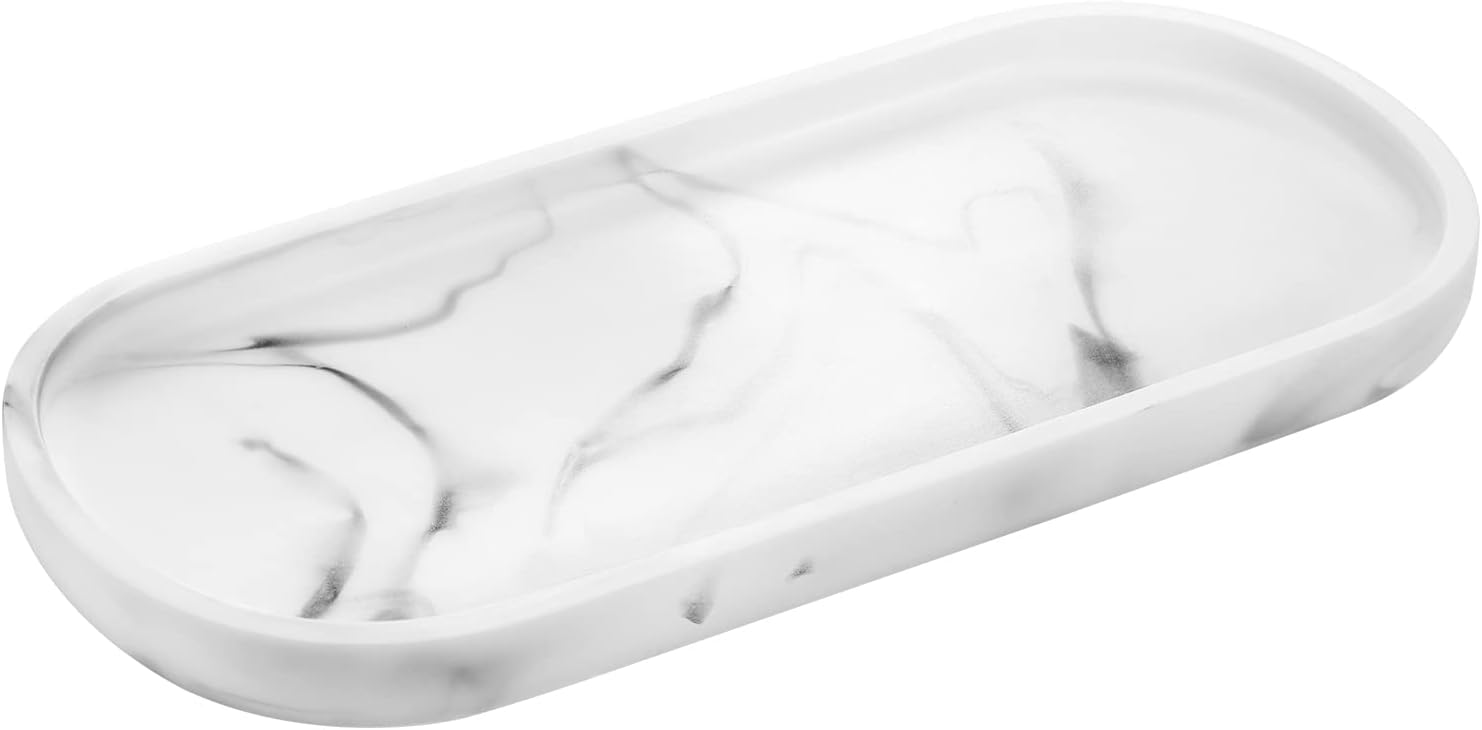 Luxspire Bathroom Vanity Tray, Toilet Tank Oval Storage Tray, Resin Handmade Bathroom Bathtub Kitchen Dresser Countertop Organiser for Soap Shampoo Candles Towel Plant Jewelry Ring Dish - White Marble