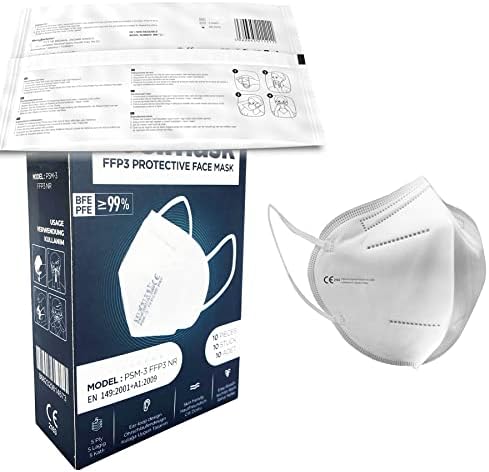 Ezy-Aid 10pk FFP3 Face Mask - Individually Wrapped | 99.43% High Filtration - 5 Layers | EN149 CE Certified | Hypoallergenic | Fluid Resistant | Ear Loops & Adaptable Nose Bridge | Box of 10