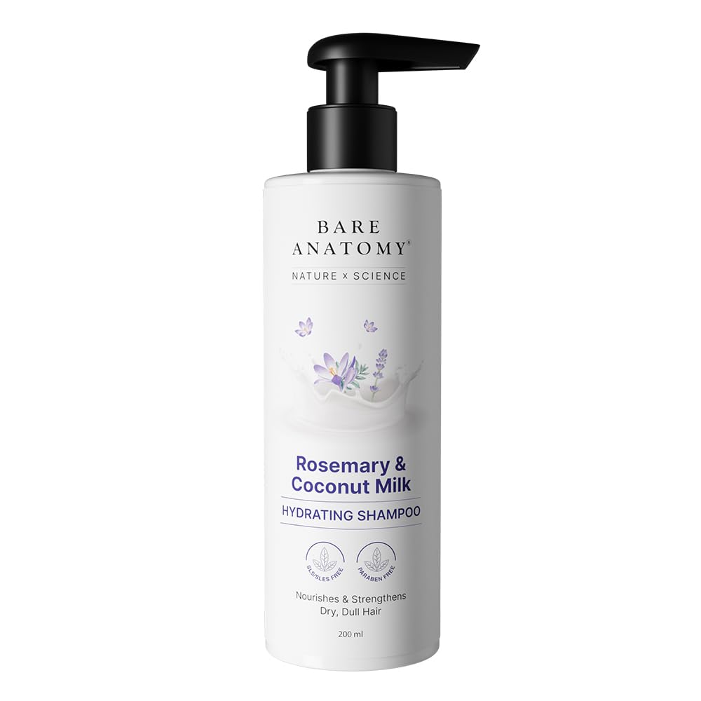 Bare Anatomy Nature x Science Rosemary & Coconut Milk Hydrating Shampoo | Rosemary shampoo for frizzy, dull & dry hair | SLS & Paraben Free | Mild Shampoo for daily use | Shampoo for Women & Men 200mL