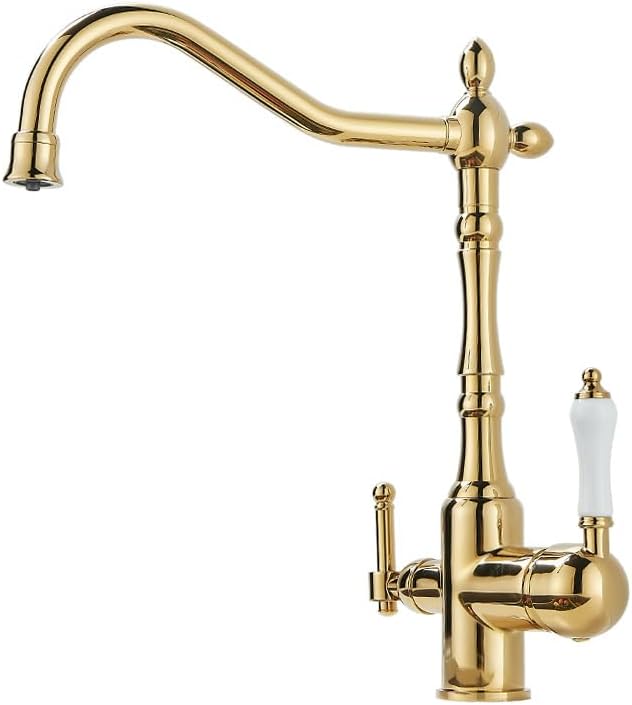 Kitchen Sink Faucet with 2 Handle Water Filter Purifier Drinking Water Faucets 360° Swivel Spout 1 Hole High Arc Brass Mixer Tap RV Kitchen Sink Faucet Vintage Faucet Titanium Gold
