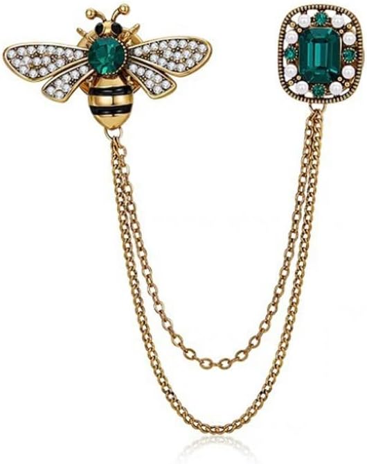 Bee Crystal Rhinestone Tassel Chain Brooch Collar Pin Vintage Emerald Badge for Wedding Party - Jewelry Decoration for Tie Hat Scarf - Men and Women