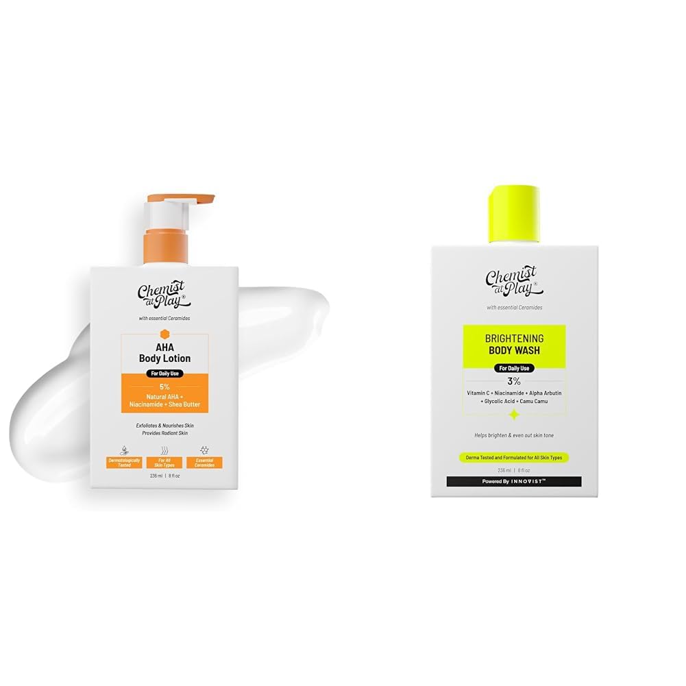 Chemist at Play Healthy Glow Body Duo| Gentle Exfoliating Body Wash for Rough & Bumpy Skin 236 ml| AHA Body Lotion for Dry, Dull Skin 236ml