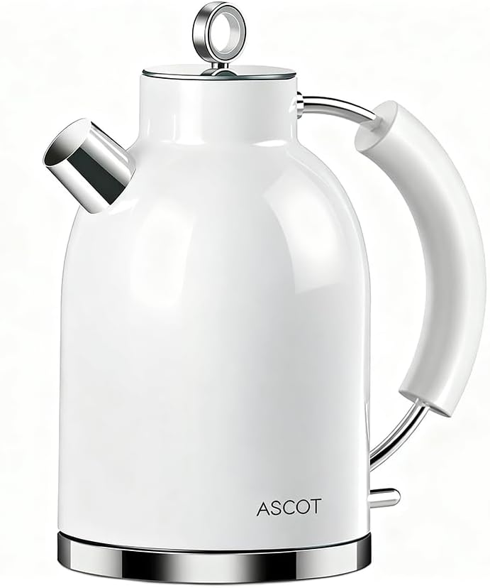 ASCOT Electric Kettle, Stainless Steel Electric Tea Kettle Gifts for Men/Women/Family 1.5L 2200W Retro Tea Heater & Hot Water Boiler, Auto Shut-Off Boil-Dry Protection (White)