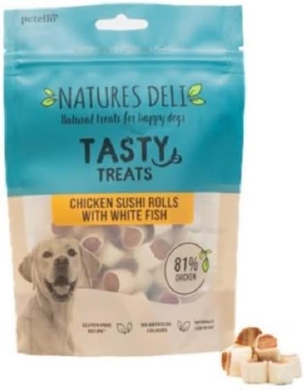 Natures Deli Chicken Sushi Rolls with White Fish Dog Treats, Gluten Free Low Fat Bite-size Treats for Dogs, High Protein Dog Biscuits - 100 g