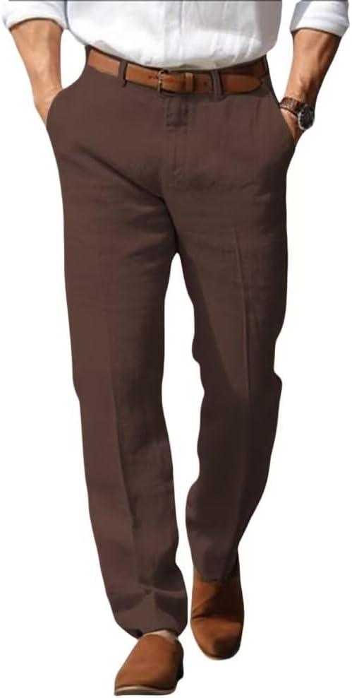 Men’s Linen Dress Pants Regular Fit Vintage Suit Trouser Lightweight Summer Casual Suit Pants Long for Men