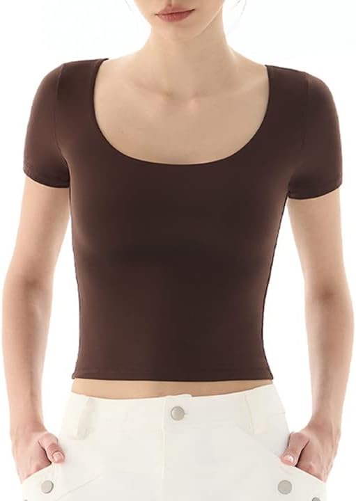 PUMIEY Women's Scoop Neck Short Sleeve T Shirt Slim Fit Sexy Tops Smoke Cloud Collection