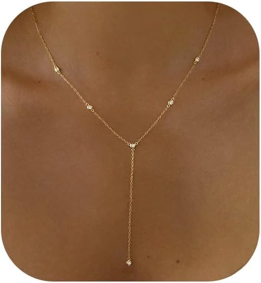 Gold Necklace for Women, Dainty Gold Long Necklaces 14k Gold Plated Prom Bar CZ Lariat Necklace Simple Choker Necklaces for Women Trendy Boho Fashion Costume Jewelry Womens