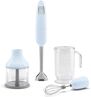 SMEG Handheld Immersion Blender with Beaker, Chopping Bowl w/Lid, Wire Whisk, 5 Speed Controls, made with Stainless Steel Blades and Ergonomic Design (Pastel Blue)