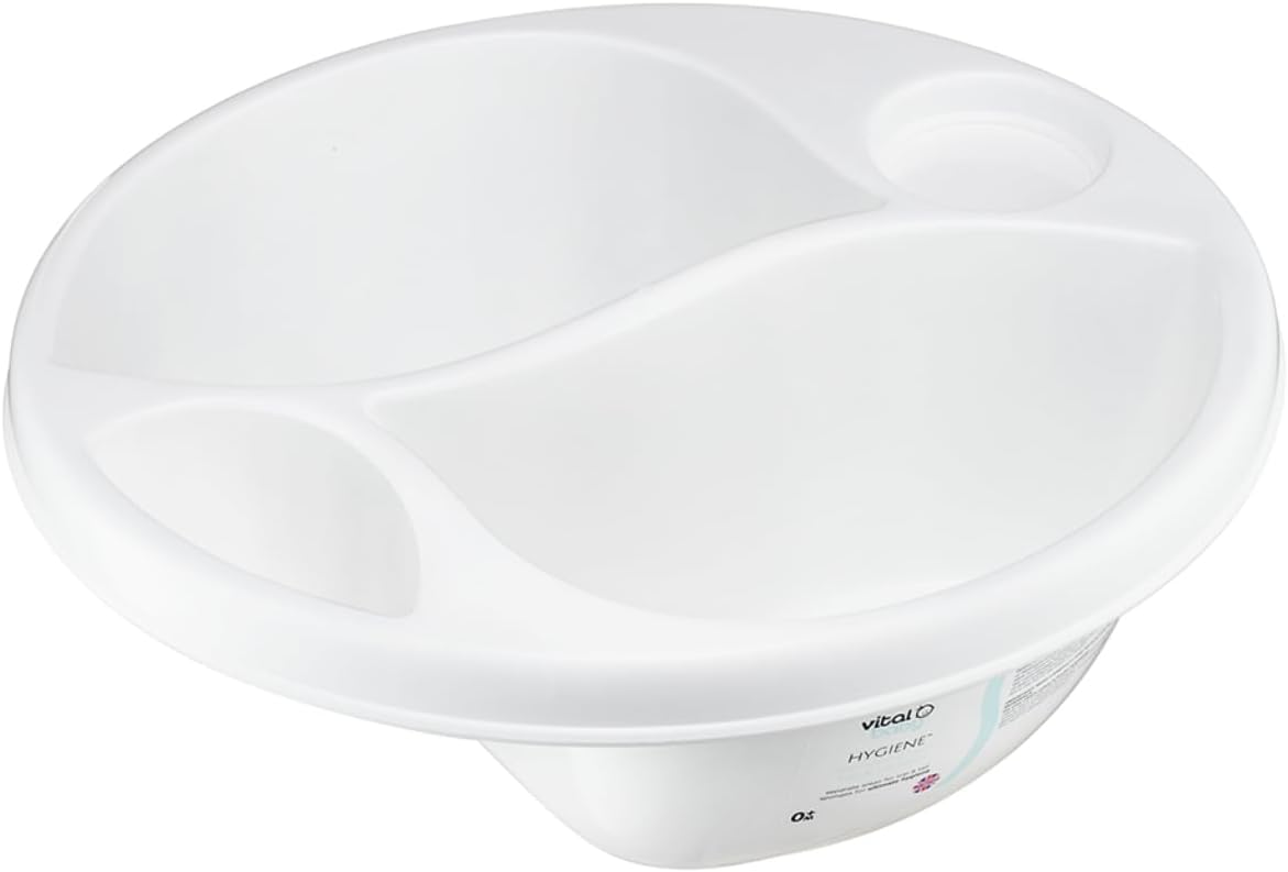 Vital Baby Perfectly Simple Top & Tail Bowl, Everyday Basic Top & Tail Bowl for Baby's Baths, 2 Seperate Areas for Top and Tail Sponges, Ergonomic Design, Lightweight & Portable, 0m+, White