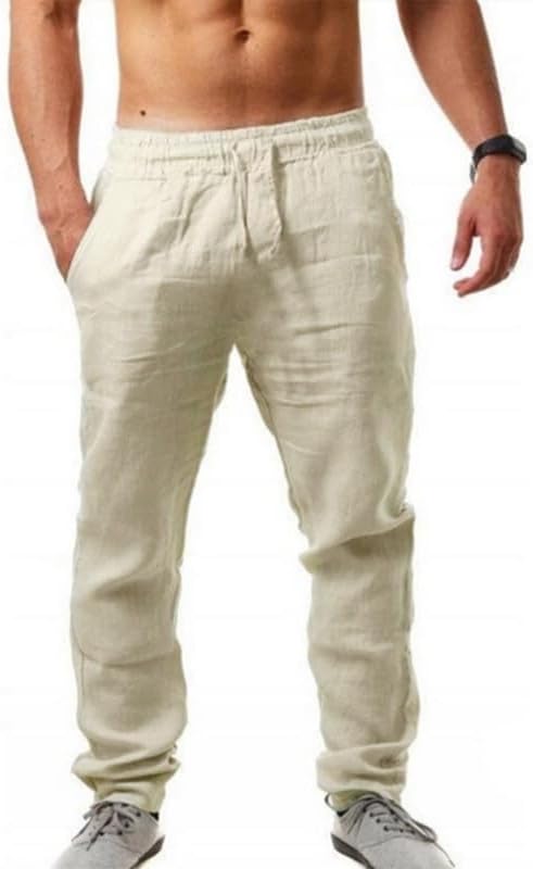 Litthing Mens Linen Trousers Casual Summer Pants Elasticated Waist Drawstring Trouser Men's Holiday Beach Pant with Pockets Lightweight Loose Fit Cotton Jogging Bottoms
