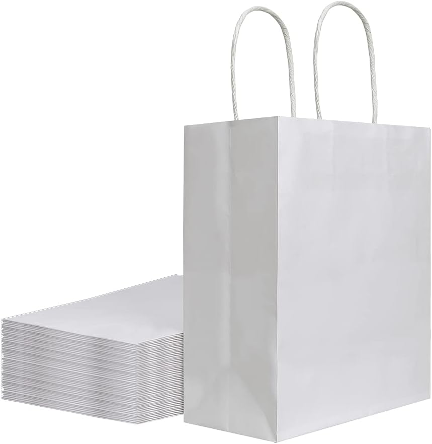 bagmad 50 Pack 8x4.75x10 inch Medium White Kraft Paper Bags with Handles Bulk, Gift Bags, Craft Grocery Shopping Retail Birthday Party Favors Wedding Sacks Restaurant Takeout, Business (50Pcs)