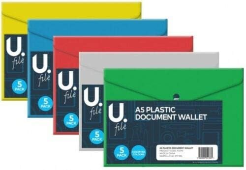 A5 Plastic Stud Document Wallets Files Folders Filing Colour Assorted 5 Pack