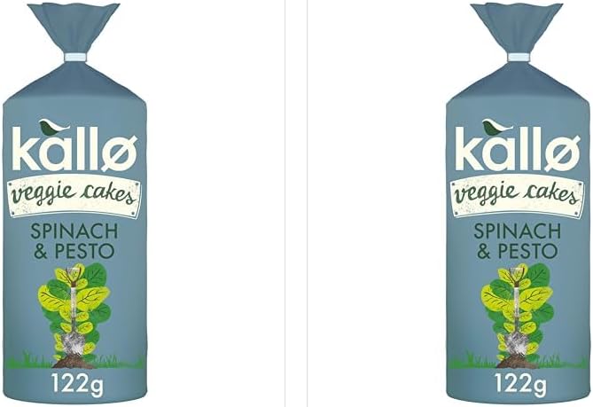 Kallo Spinach & Pesto Veggie Cakes, Lentil & Pea Puffed Crackers Made From Plants, Low Fat Healthy Snacks for Adults & Children, Vegan Friendly, Gluten Free, No Artificial Flavours (Pack of 2)