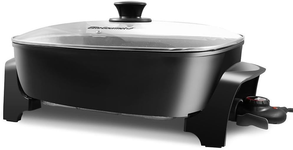 Elite Gourmet EG-6203# Extra Deep 16"x13"x3.2" (10.5Qt.) Scratch Resistant, Easy Pour Spout Dishwasher Safe, Non-stick Electric Skillet with Glass Vented Lid, Adjustable Temperature, Black