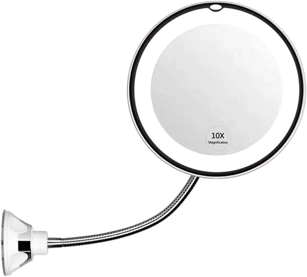 Makeup Mirror with LED Light and Suction Cup 360 Degree Swivel Flexible Gooseneck 10X Magnifying Mirror Travel and Home Bathroom Vanity Mirror (White)