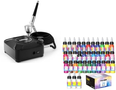 Oasser All-in-One Airbrush & Paint Master Kit: 36 PSI Compressor with 3 Nozzle Sizes & 33 Color Water-Based Paint Set for Model, Canvas, Tattoo Practice, Makeup, Cake