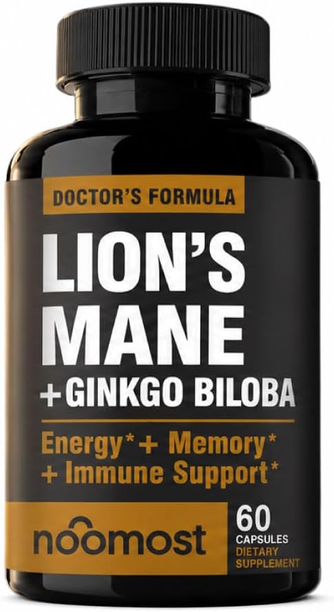 NooMost Lions Mane Supplement Organic Capsules - With Ginkgo Biloba - Cognitive Health, Focus & Memory Support - Natural Superfood for Brain, Energy & Immune Health - Non GMO- 60 Caps - 2 Month Supply