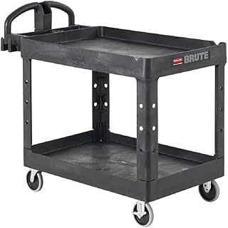 Rubbermaid Commercial Products 2-Shelf Utility/Service Cart, Medium, Black, Lipped Shelves, Ergonomic Handle, 500 Lbs Capacity, forfor Warehouse/Garage/Cleaning/Manufacturing