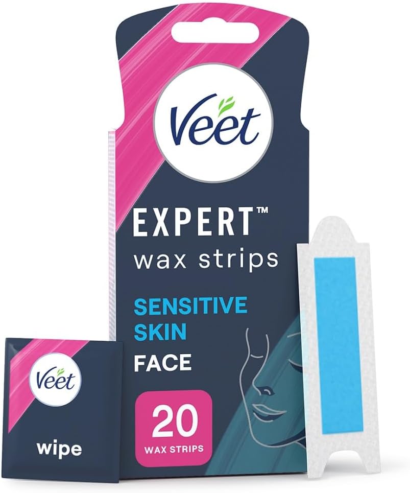 Veet Expert Waxing Strips for Sensitive Skin - 20 Cold Wax Strips & 4 Finish Wipes for Eyebrow, Facial Hair Removal - Hydrating, Exfoliating, Ideal for Face