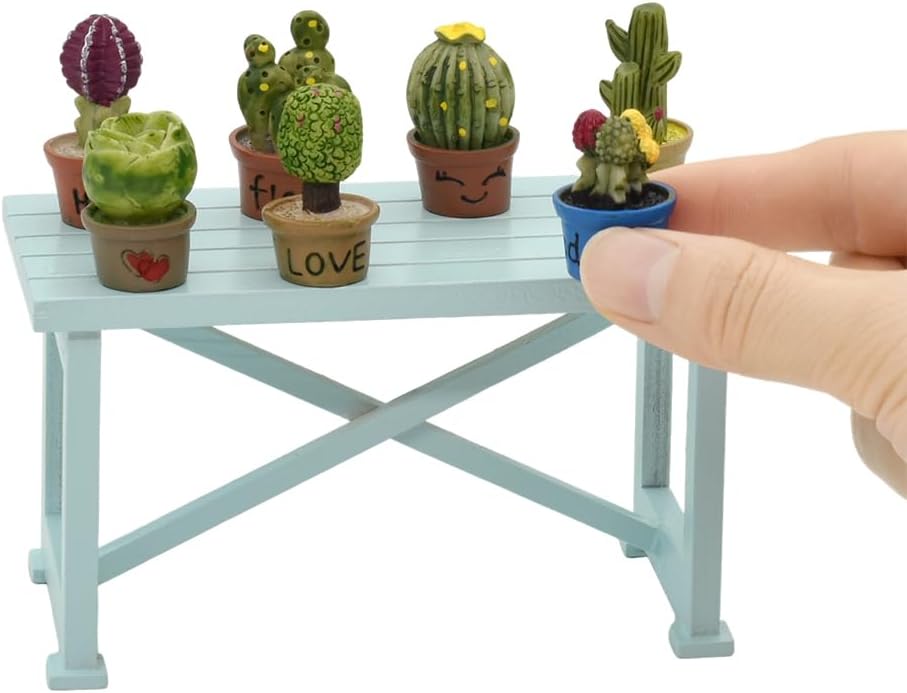 iLAND Miniature Dollhouse Accessories and Furniture, Doll House Table & Succulent Plants(8pcs) for Fairy Garden