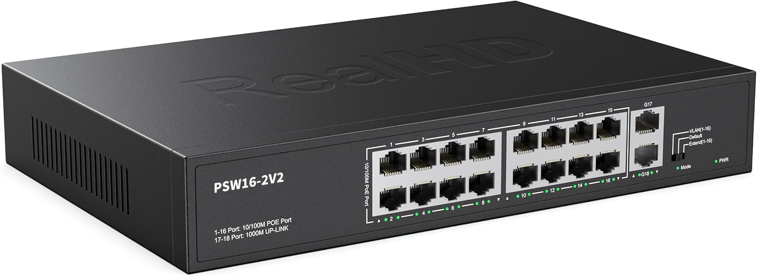 Real HD 16 Port PoE Switch, High Power 300W, 16 PoE+ 100Mbps Ports with 2 Gigabit Uplink Ethernet Ports, Unmanaged Plug and Play, Each Port Up to 30W, 802.3af/at Compliant, Rack Mount