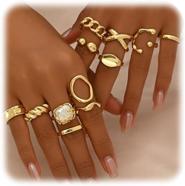 FloralGrace 12 Piece Thick Gold Stacking Rings Set for Women, Vintage Knuckle Rings with Fine Hollow Engraving Joint Finger Midi Ring, Chic Gold Rings for Ladies Elegant