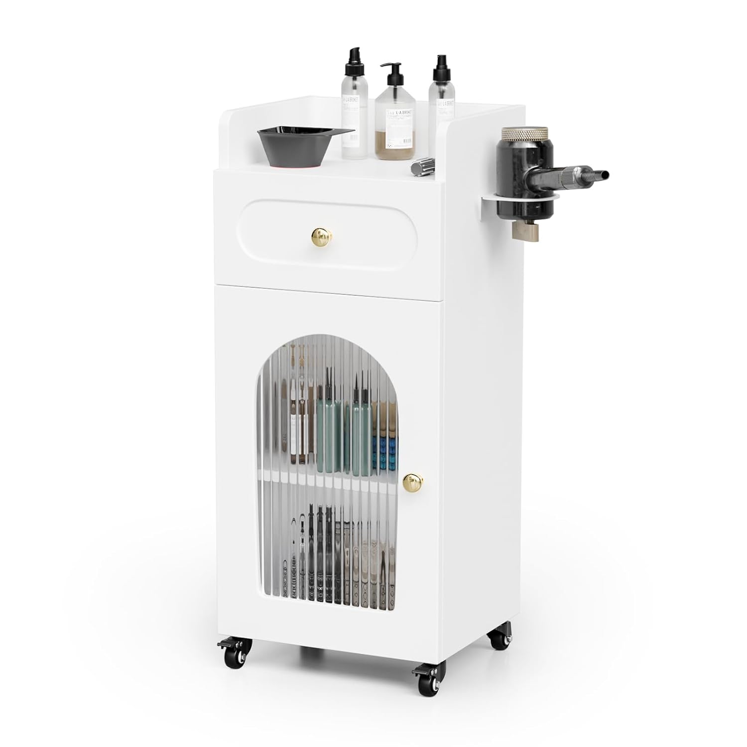 OmySalon Salon Cart with Wheels, 3-Tier Rolling Beauty Cart with Glass Door & Dryer Holder, Mobile Hair Styling Station for Barber, Spa, Esthetician, Nail & Tattoo Artists, Lockable Storage, White