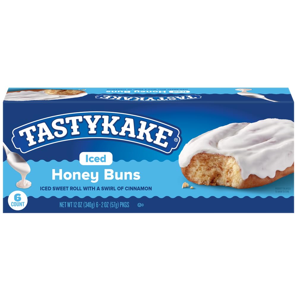 Tastykake Iced Honey Buns, Sweet Roll with Cinnamon, 6 Count, 12 oz Box (Pack of 2)