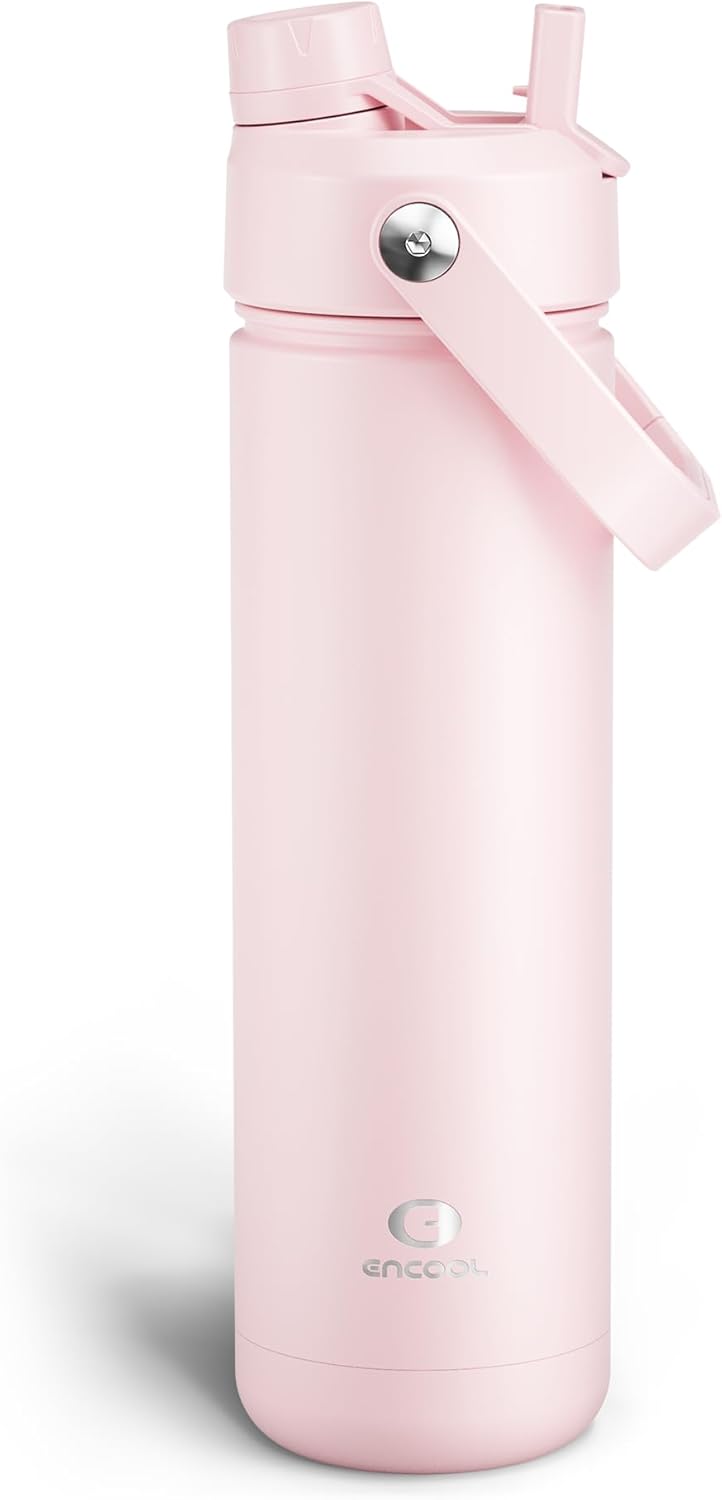 Insulated Water Bottle with Straw - Encool Stainless Steel Water Bottle, Leak-Proof, BPA-Free, Double Wall Vacuum Keeps Cold for 24 Hours for Sports, Travel, School (26 oz, Cotton Candy)