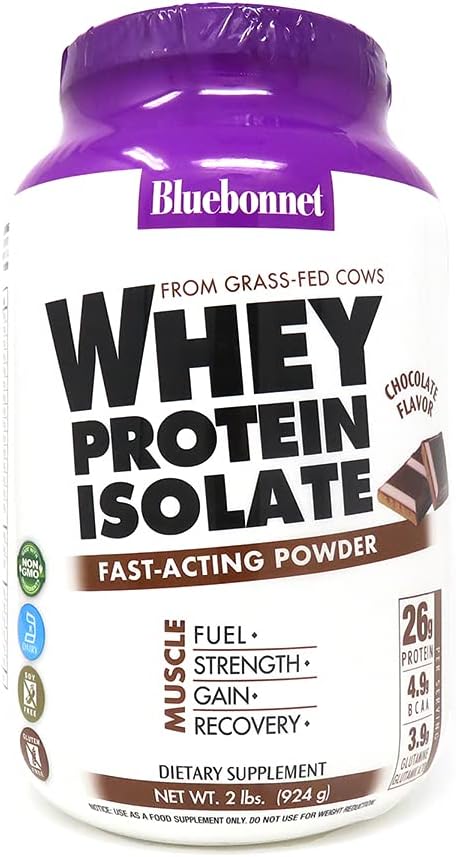 Bluebonnet Grass Fed Whey Protein Isolate 26 g Energy & Workout Recovery BCAA Amino Acids - Gluten-Free, Non-GMO, Soy-Free Chocolate Protein Powder for Women & Men - 28 Servings