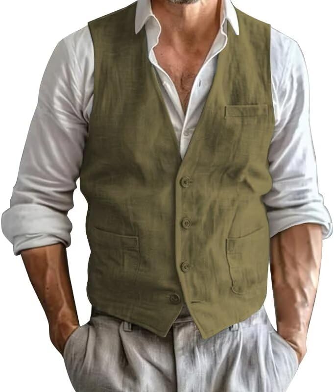 Men's Summer Linen Suit Vest Slim Fit Vintage Dress Vest Beach Wedding Casual Waistcoat for Party Groomsmen