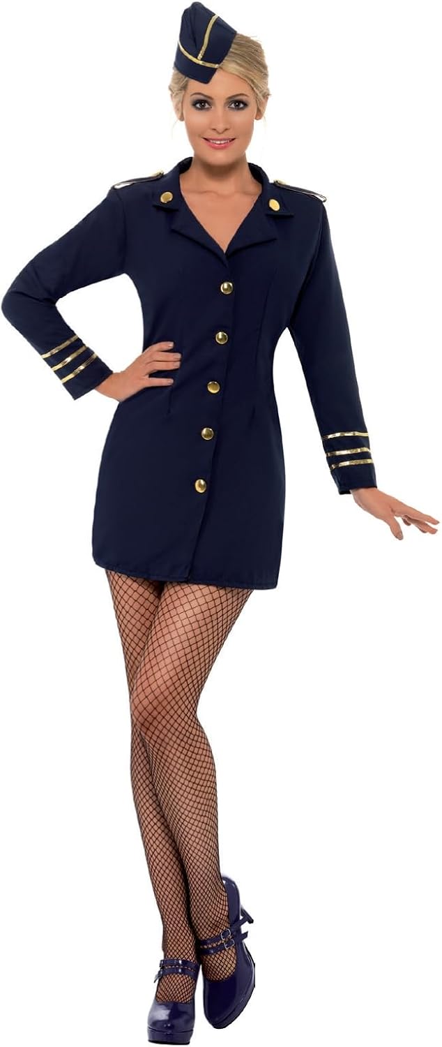 Smiffys Flight Attendant Costume, Navy Blue with Dress and Hat, Icons & Idols Fancy Dress, Adult Dress Up Costumes