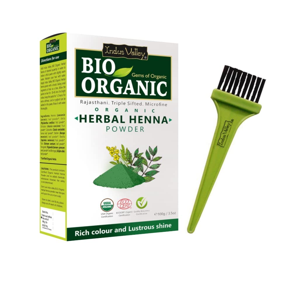 INDUS VALLEY Bio Organic Herbal Henna Powder for Rich, Long-Lasting Color & Lustrous Shine, Includes Hair Dye Brush for Easy Application, Perfect for Natural Hair Dyeing & Conditioning - Green