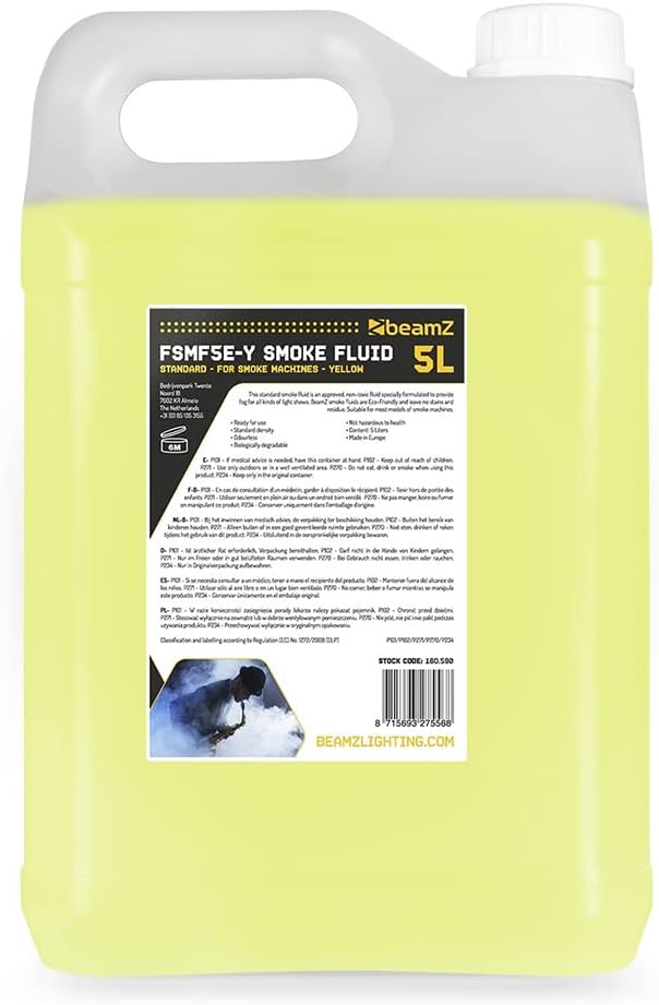 beamz Professional 5 Litre Eco Smoke Machine Fluid, Non-Toxic Low Density Fog Liquid, Biodegradable and Residue-Free Smoke Fluid for Party Stage Effects DJ Events (Yellow)