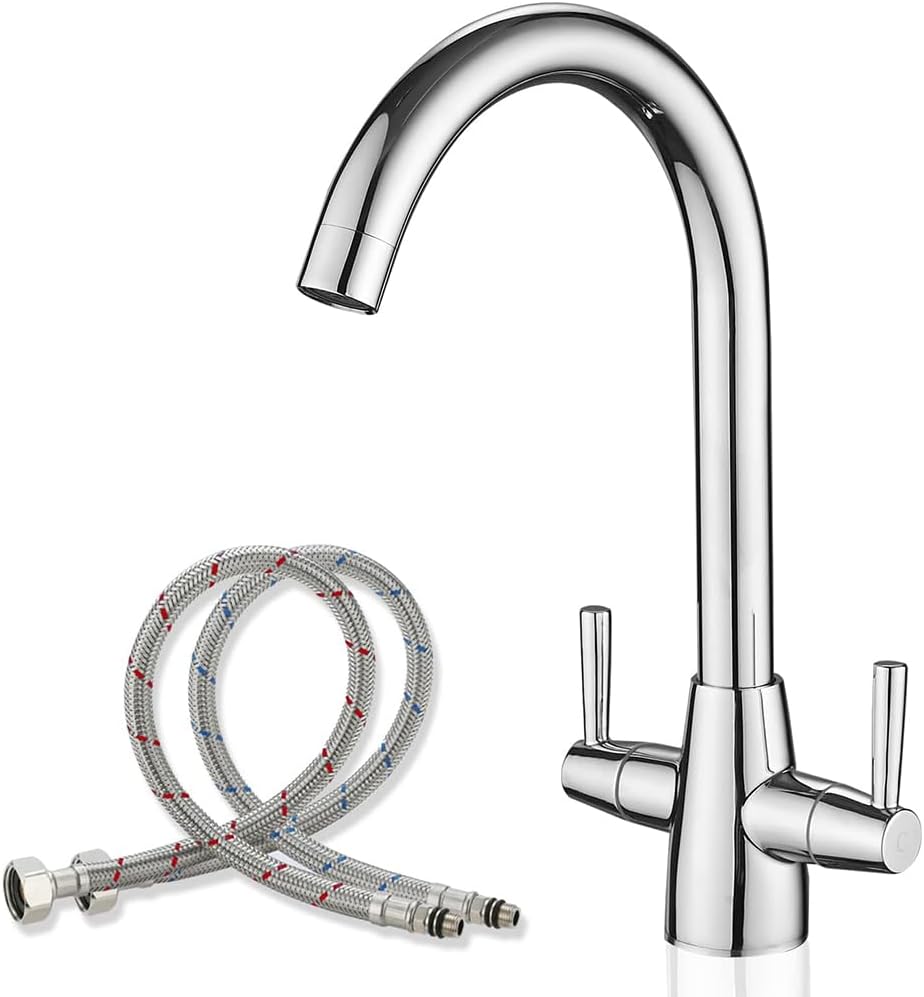 Kitchen Tap Mixer for Kitchen Sink Monobloc Tap Dual Lever 360 Swivel Chrome Kitchen Sink Taps UK Standard 1 Hole Deck Mount with 20 Inch Flexi Tails