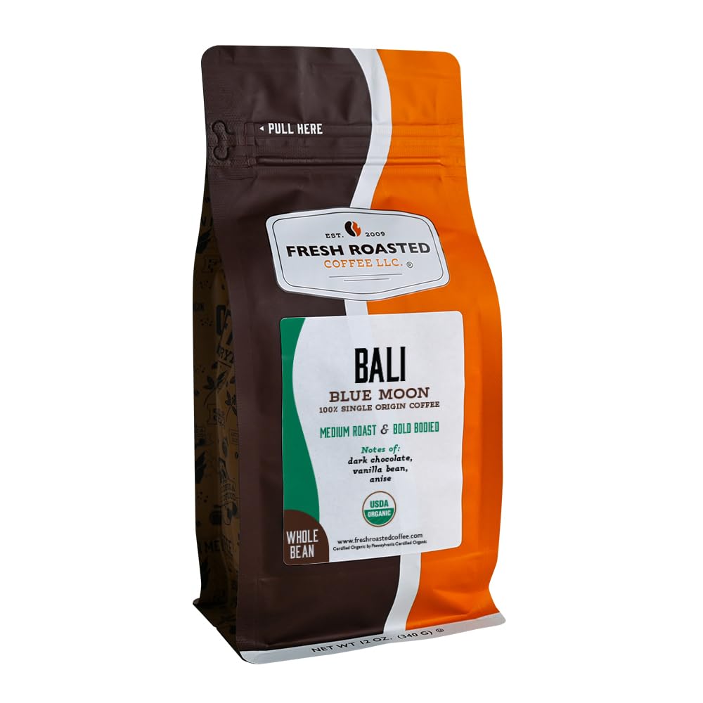 Fresh Roasted Coffee, Organic Bali Blue Moon Whole Bean Coffee, Medium Roast, USDA Organic, Kosher, 12 oz