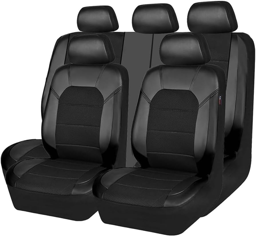 LFSYYD Car Seat Covers Full Set For VW Tiguan Allspace Life Elegance R-Line 7-Seater 2017-2022, Leder Front Rear Seat Protectors Cushion Covers Comfortable Waterproof Non-Slip Accessorie,A/Black
