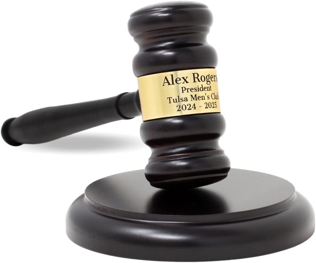 Wooden Gavel and Sound Block Set with Custom Personalized Band - Laser Engraved Gift Set for Judge, Chairman, Auctioneer, President of Clubs and Organizations - Beautiful Office or Home Desk Decor