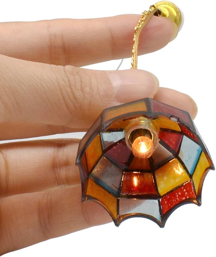 iLAND 1/12 Scale Accessories of Dollhouse Lights, Classic Miniature Lamp for Dollhouse Decoration, Beautiful Mosaic Lattice Pendant Light w/Plug