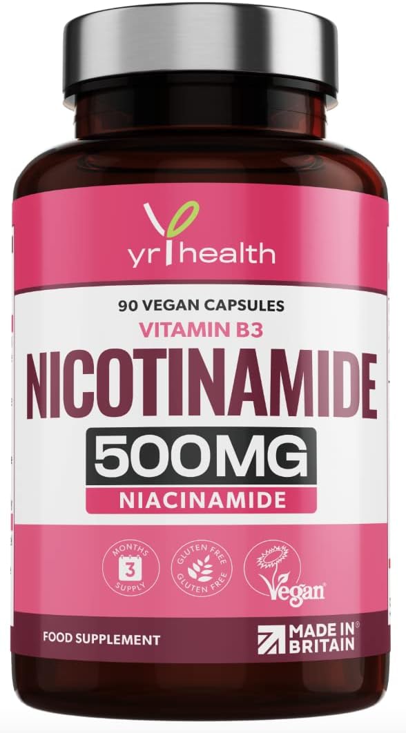 Vitamin B3 Nicotinamide, Niacinamide 500mg - 90 Vegan Niacin B3 Capsules Flush Free, for Skin, Energy Yielding Metabolism, Tiredness & Fatigue, One A Day, 3 Months Supply - Made in The UK by YrHealth