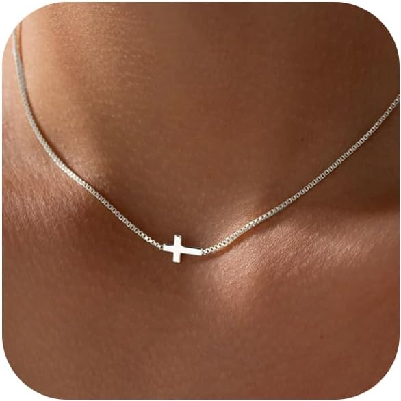 Cross Necklace for Women 14K Real Gold Silver Plated Dainty Small Cross Pendant Choker Simple Trendy Cute Cross Charm Chain Necklace Easter Basket Stuffers Baptism Religious Faith Jewelry Gift