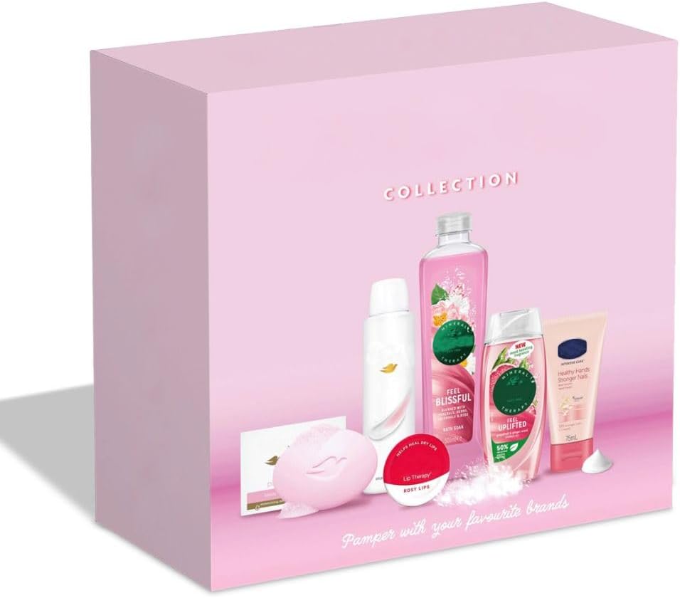 Fizporium Pink Pamper Collection 6-Piece Gift Set for Women: Luxurious Bath & Body Spa Kit | Radox Shower Gel, Dove Beauty Bar, Vaseline Lip Therapy, Hand Cream & Bath Soak for Ultimate Relaxation