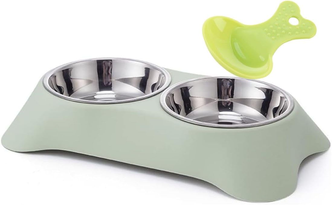 Double Dog Bowl,Non Slip Non-spill Stainless Steel Double Bowl with 1 Pet Food Spoop For Small Dogs and Cats (Green, S)