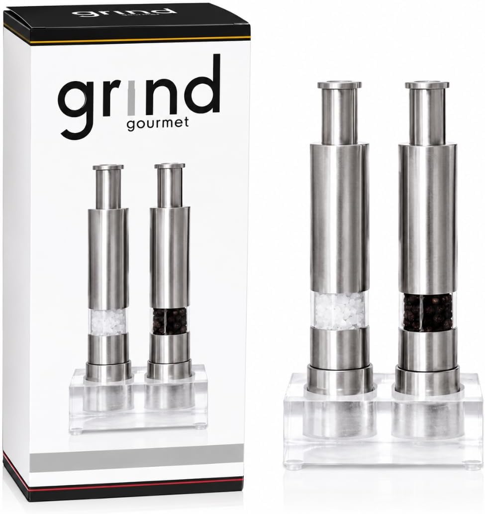 Grind Gourmet Salt and Pepper Grinder Set, Original Pump & Grind Peppermill are Refillable, Modern Thumb Press Grinder, Works With Black Pepper, Sea Salt, Himalayan Salts, Stand Included