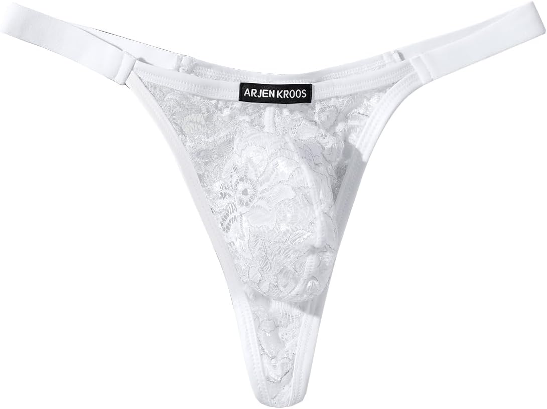 Arjen Kroos Men's Sheer Lace G-String Sexy Low Rise Thong Underwear | Sheer Lace Bikini, Satin Trim, Soft Edges & Stretch Band. 3D Pouch for Comfort. Perfect for Dates, Parties, or Mens Lingerie