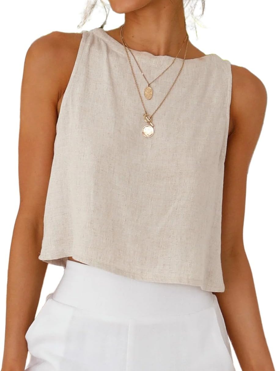 IDEALSANXUN Womens Linen Crop Tank Tops Cute Summer Sleeveless Cropped Linen Tops